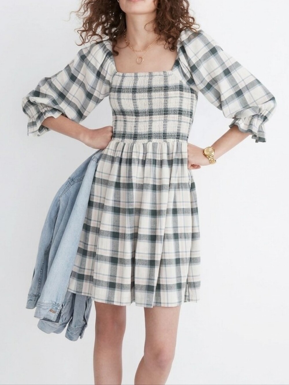 NWT Madewell Plaid Smocked Cotton  Dress Cottagecore Prairie Square Neck Small